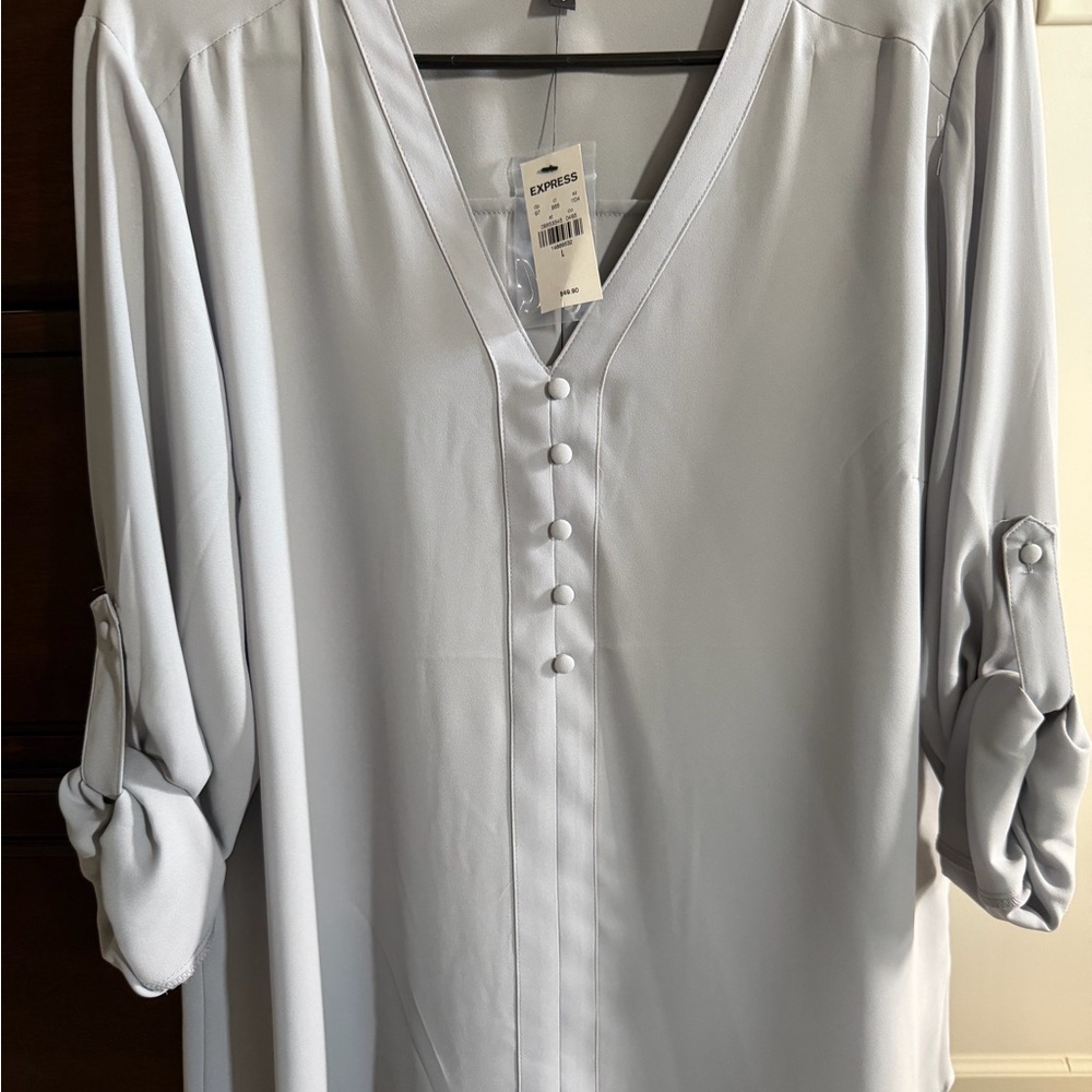 Express Light Gray V-Neck Blouse with Button Detail NWT size Large